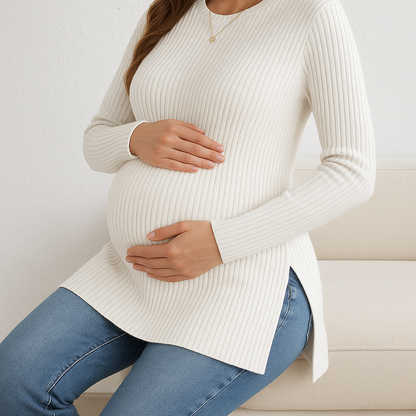 Zwangerschapsshirt met Lange Mouwen – Comfortabel Rib Top met Zijsplit