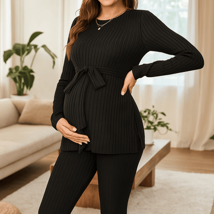 Zwangerschapsset 2-delig – Rib Top met Lange Mouw & Verstelbare Broek